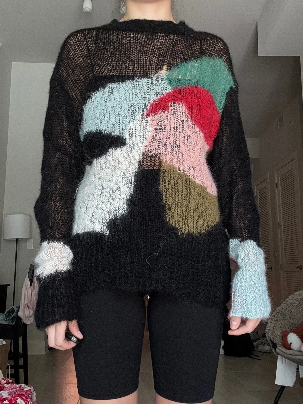 ZARA Black Abstract Colorblock Mohair-Blend Sweater Alpaka Wool - Picture 1 of 4